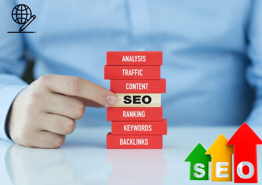 Lerne die SEO Optimierungen und SEO Grundlagen. Auf dem Bild sind Bausteine mit SEO Faktoren zu erkennen