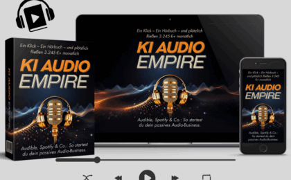 KI Audio Empire von Ralf Schmitz, Jens Neubeck und Pascal Schildknecht von den Sales Angels. Auf dem Foto ist das Produkt zu sehen in drei Formaten Handy, Tablet und Laptop