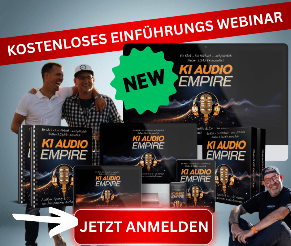 KI Audio Empire von Ralf Schmitz und Sales Angels Webinar. Hier ist ein Anmeldebutton zum Webinar zu sehen! Ebenso wird das Produkt angezeigt