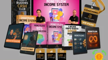 Moneyflow Income Systems, Profit Buddies und Katharina Kislewski, 1 Klick Instagram ManyChat System. Zu sehen ist der Kurs mit allen Produkten als 3D Box
