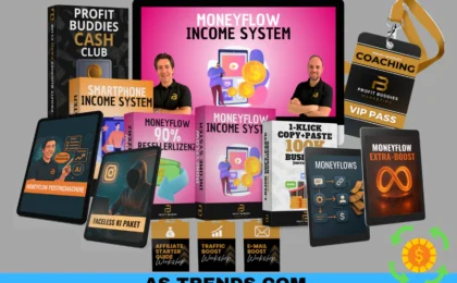 Moneyflow Income Systems, Profit Buddies und Katharina Kislewski, 1 Klick Instagram ManyChat System. Zu sehen ist der Kurs mit allen Produkten als 3D Box