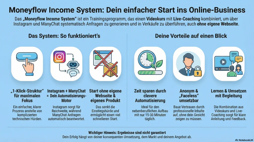 Moneyflow Income Systems, Profit Buddies und Katharina Kislewski, 1 Klick Instagram ManyChat System. Zu sehen ist eine Infografik über die Strategie des Systems