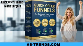Quick Offer Funnels von Mario Burgard, Online-Business einfach und schnell aufbauen. Zu sehen ist das Produkt als 3D-Box und eine jubelnde Frau, die das Produkt benutzt.