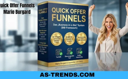 Quick Offer Funnels von Mario Burgard, Online-Business einfach und schnell aufbauen. Zu sehen ist das Produkt als 3D-Box und eine jubelnde Frau, die das Produkt benutzt.
