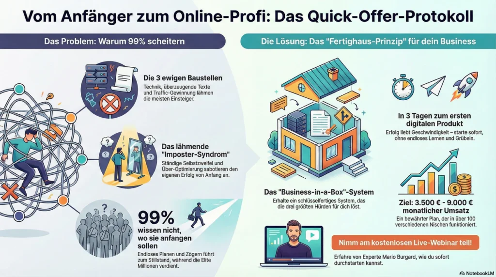 Quick Offer Funnels von Mario Burgard, Online-Business einfach und schnell aufbauen. Zu sehen ist eine Infografik über das Produkt