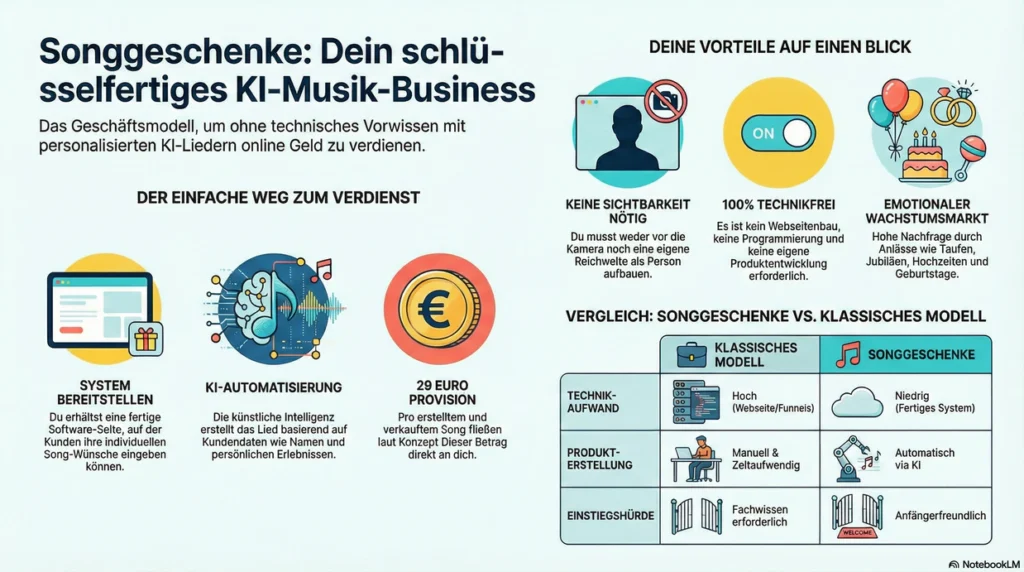 Songgeschenke von Sven Hansen und Mike Hager, KI Songs verkaufen und online Geld verdienen. Es wird eine Infokarte zu Songgeschenke dargestellt, damit der Nutzer weiß, wie das System funktioniert!