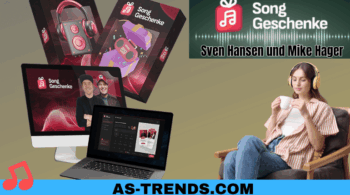 Songgeschenke von Sven Hansen und Mike Hager, KI Songs verkaufen und online Geld verdienen. Zu sehen ist das Produkt als 3D Box auf diversen Medien und eine Frau die Songs davon hört