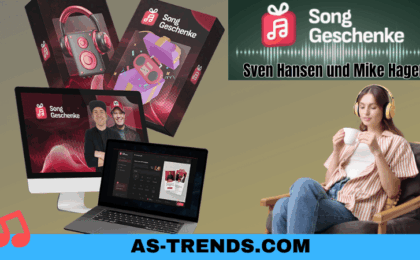 Songgeschenke von Sven Hansen und Mike Hager, KI Songs verkaufen und online Geld verdienen. Zu sehen ist das Produkt als 3D Box auf diversen Medien und eine Frau die Songs davon hört