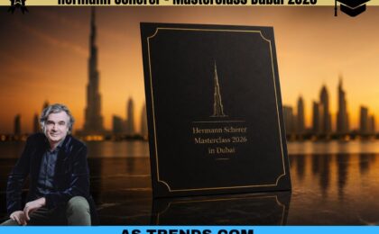Hermann Scherer Masterclass 2026 in Dubai, Business, Strategie und Networking. Zu sehen ist die Skyline von Dubai bei Nacht mit Hermann Scherer davor und dem Masterclass-Buch.