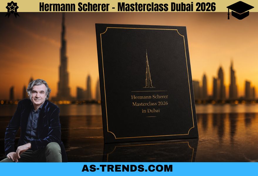 Hermann Scherer Masterclass 2026 in Dubai, Business, Strategie und Networking. Zu sehen ist die Skyline von Dubai bei Nacht mit Hermann Scherer davor und dem Masterclass-Buch.