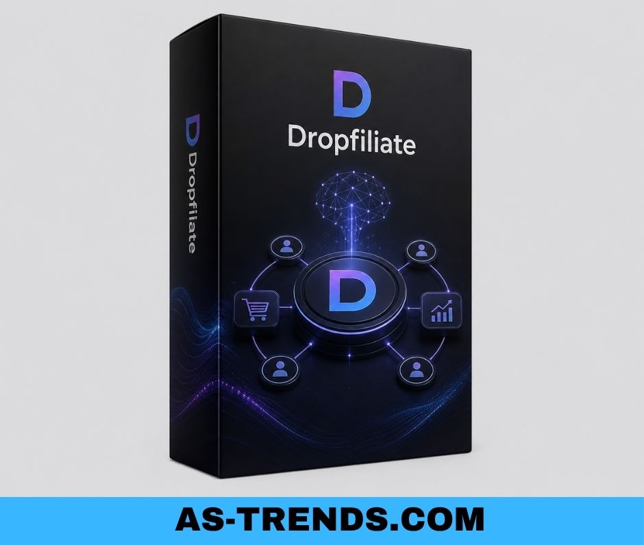 Dropfiliate von Ralf Schmitz und Sven Hansen, KI Affiliate System für Einsteiger. Das Produkt wird als 3D Box dargestellt