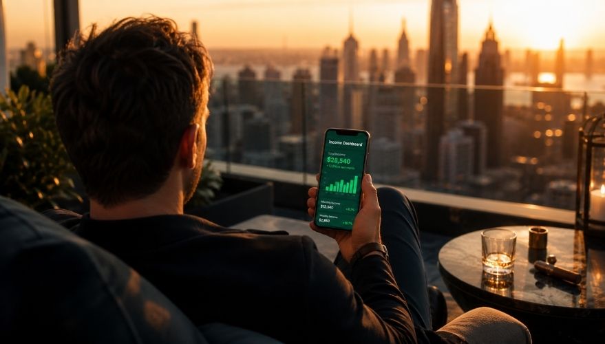 Dropfiliate von Ralf Schmitz und Sven Hansen, KI Affiliate System für Einsteiger. Ein Mann lehnt sich zurück auf einer Terrasse und schaut auf seine Umsätze mit Dropfiliate.
