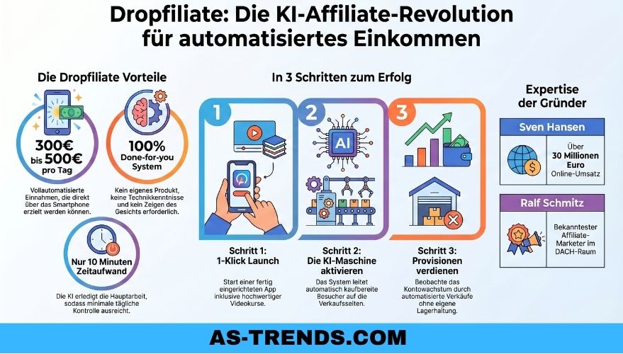 Dropfiliate von Ralf Schmitz und Sven Hansen, KI Affiliate System für Einsteiger. Eine Infografik beschreibt den Ablauf von Dropfiliate
