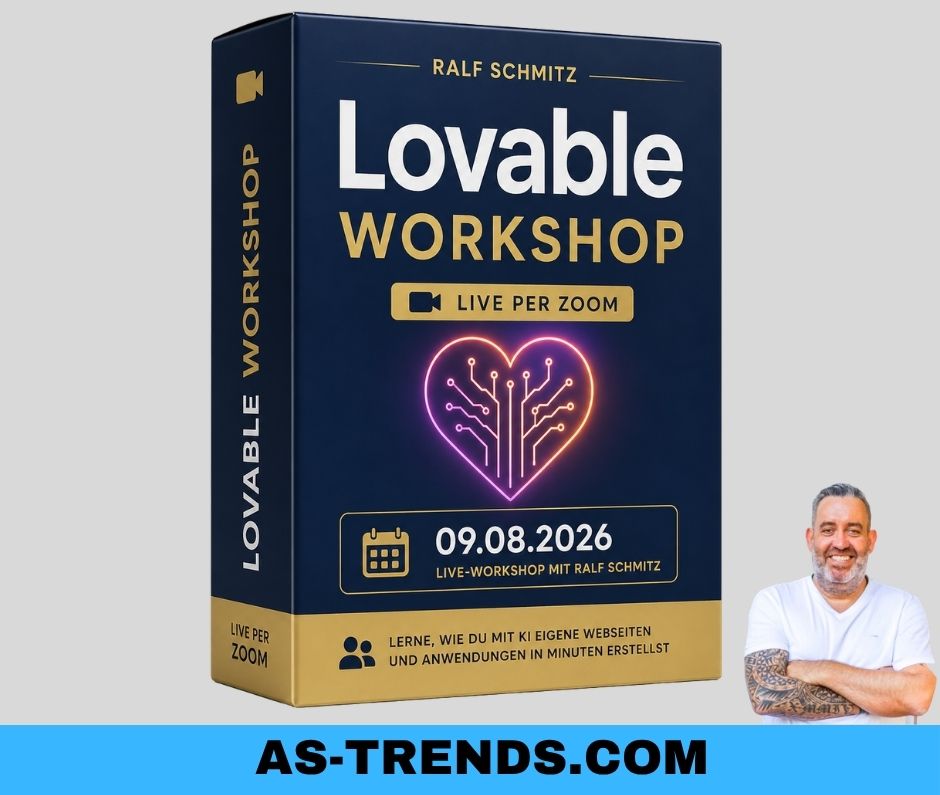 Lovable Workshop mit Ralf Schmitz 2026: Webseiten und Funnel mit KI erstellen. Das Produkt wird als 3D Box dargestellt